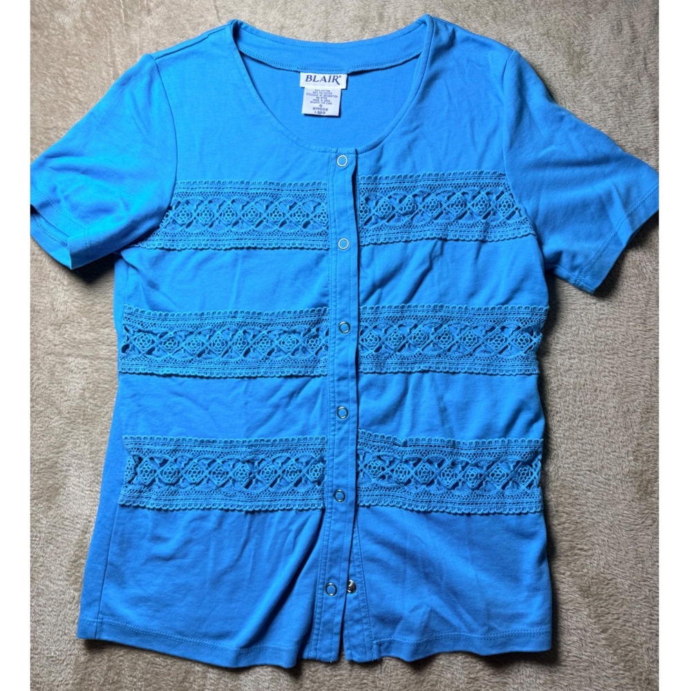 Blair Womens Small Turquoise/Blue Crochet Lace Short Sleeve Top Summer